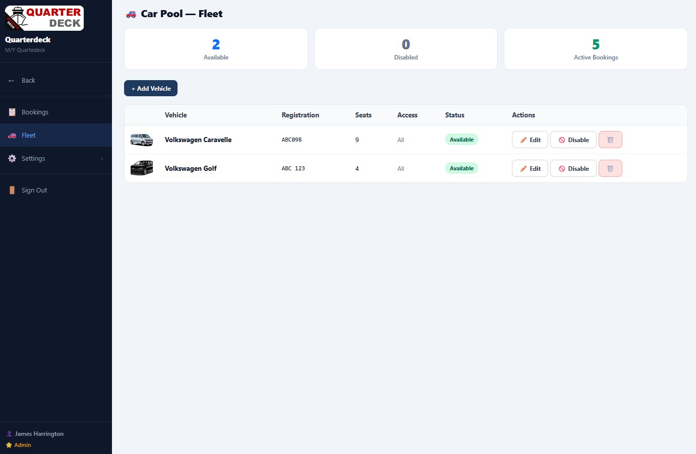 Car Pool Fleet management screen with KPI cards and vehicle list