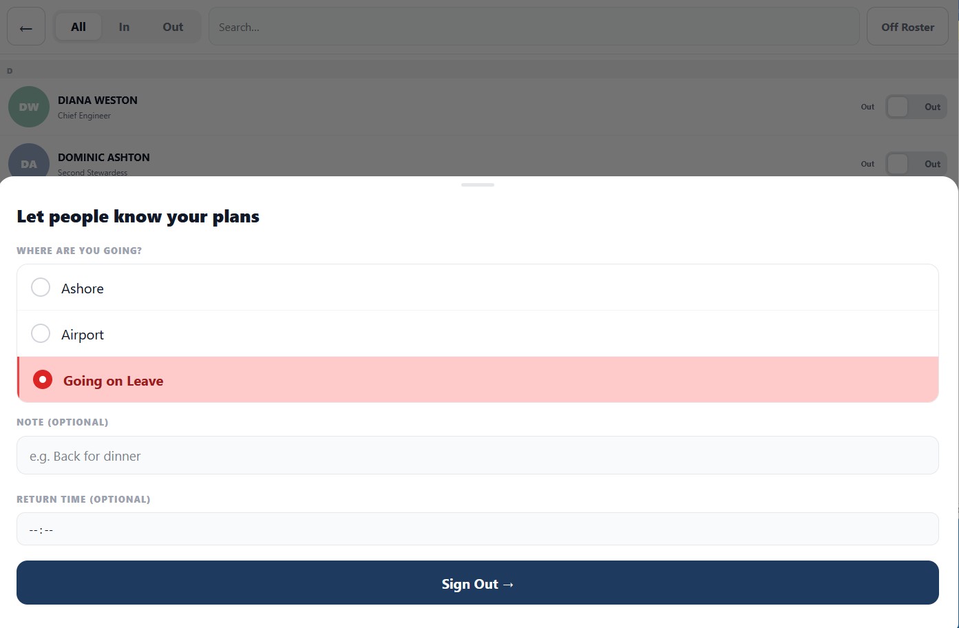 Sign-out dialog with destination options and optional note and return time