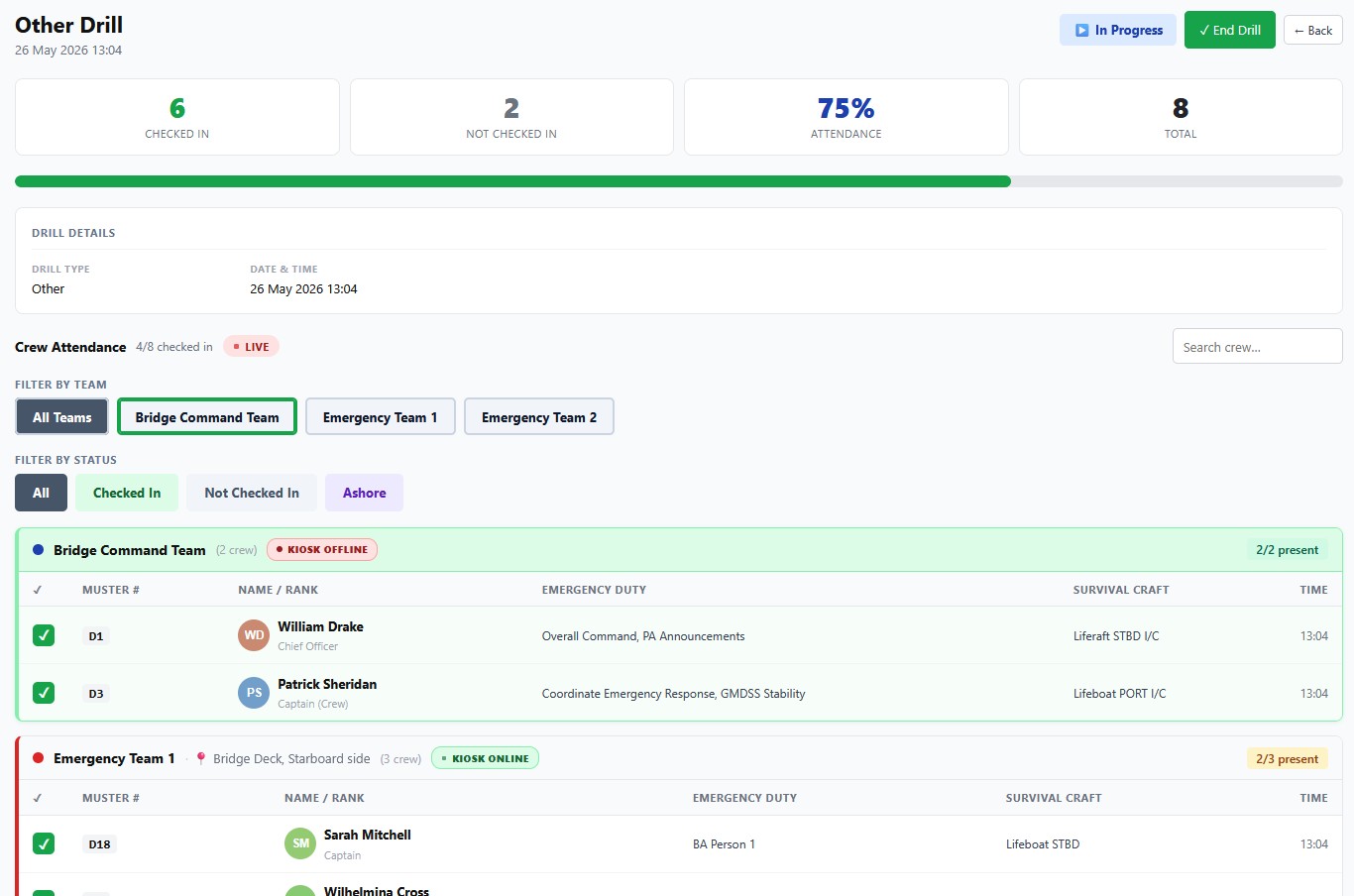 Bridge dashboard showing live drill with crew attendance, team progress, and check-in status
