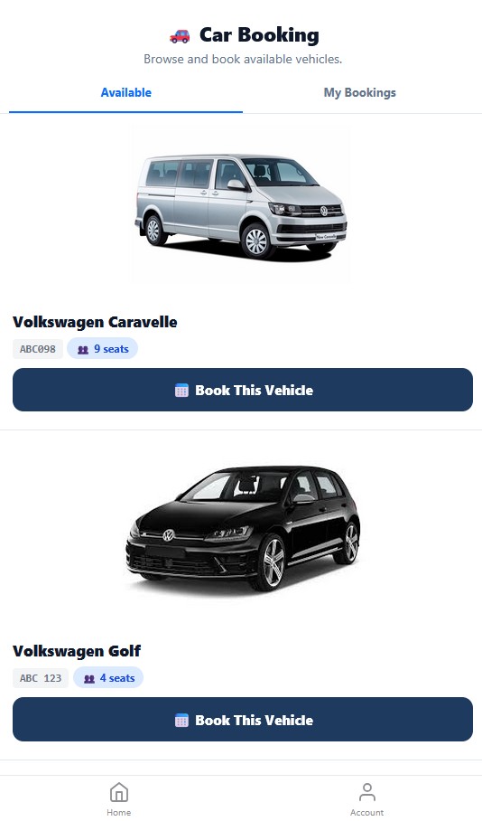 Car Booking screen showing available vehicles with Book This Vehicle buttons