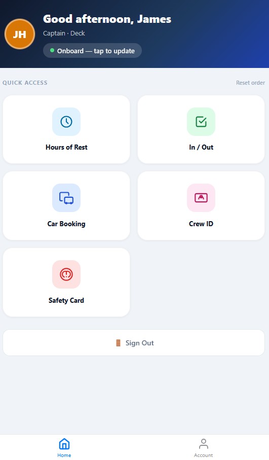 Crew Portal home screen with greeting, status banner, and tile grid