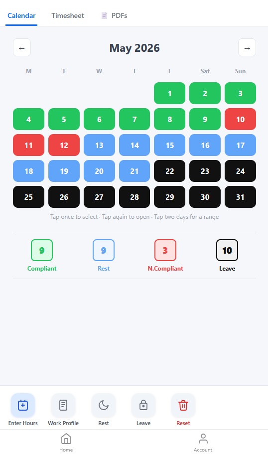 Hours of Rest calendar view with colour-coded days and quick action buttons
