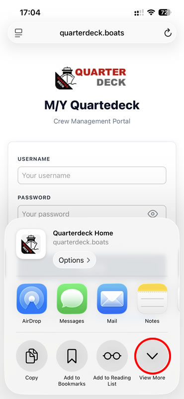 iOS share sheet with the View More (chevron) button circled in the bottom right