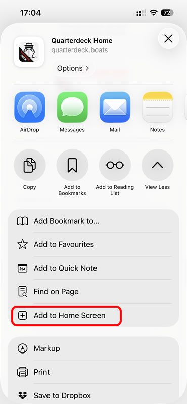 Expanded share sheet with Add to Home Screen circled