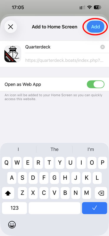 Add to Home Screen confirmation with the Add button circled in the top right